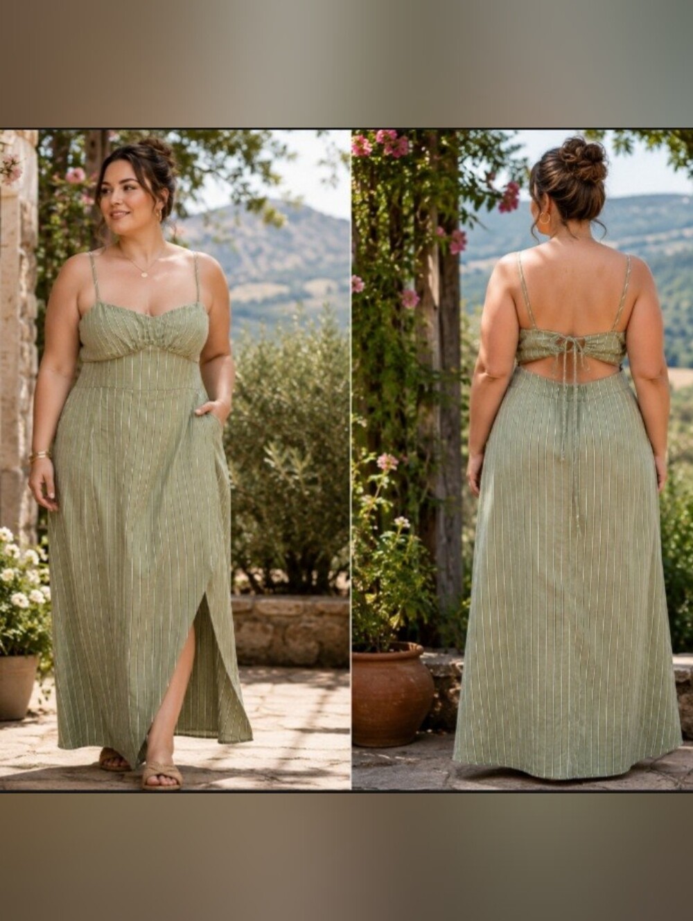 Zara Green White Striped Cutout Tie Back Linen Maxi Dress NWT Size XL Coastal